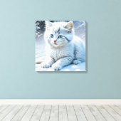 Schattigee witte kat spelen in de sneeuw canvas afdruk (Insitu (Houten vloer))