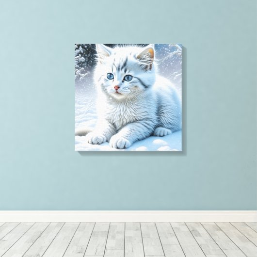 Schattigee witte kat spelen in de sneeuw canvas afdruk (Insitu (Houten vloer))