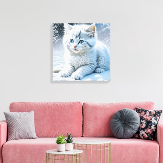 Schattigee witte kat spelen in de sneeuw canvas afdruk (Insitu (Woonkamer))