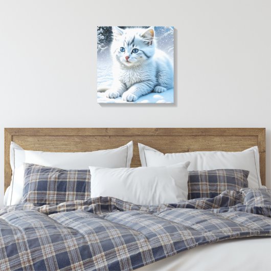 Schattigee witte kat spelen in de sneeuw canvas afdruk (Insitu (Slaapkamer))