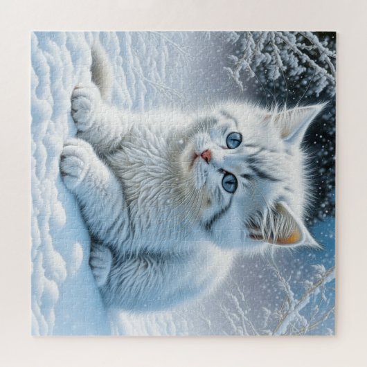 Schattigee witte kat spelen in de sneeuw legpuzzel (Horizontaal)