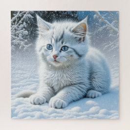 Schattigee witte kat spelen in de sneeuw legpuzzel