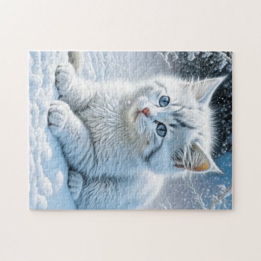 Schattigee witte kat spelen in de sneeuw legpuzzel (Horizontaal)