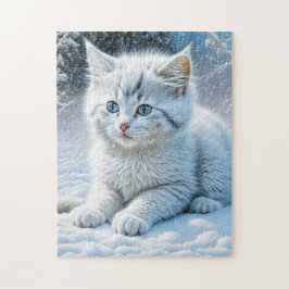 Schattigee witte kat spelen in de sneeuw legpuzzel