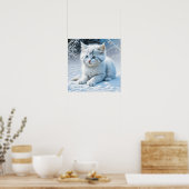 Schattigee witte kat spelen in de sneeuw poster (Keuken)