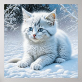 Schattigee witte kat spelen in de sneeuw poster (Voorkant)