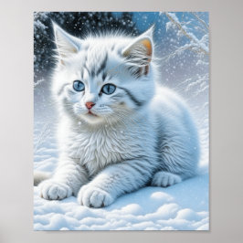 Schattigee witte kat spelen in de sneeuw poster