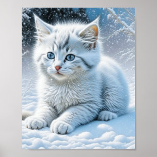Schattigee witte kat spelen in de sneeuw poster