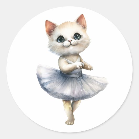 Schattigee witte kattenballerina dansballet ronde sticker (Voorkant)