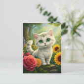 Schattigee Witte Kattenbloem Fantasy Groene Ogen B Briefkaart (Staand voorkant)