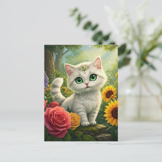 Schattigee Witte Kattenbloem Fantasy Groene Ogen B Briefkaart (Staand voorkant)
