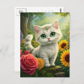 Schattigee Witte Kattenbloem Fantasy Groene Ogen B Briefkaart (Voorkant / Achterkant)