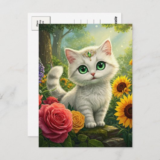 Schattigee Witte Kattenbloem Fantasy Groene Ogen B Briefkaart (Voorkant / Achterkant)