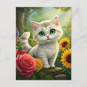 Schattigee Witte Kattenbloem Fantasy Groene Ogen B Briefkaart
