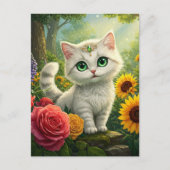 Schattigee Witte Kattenbloem Fantasy Groene Ogen B Briefkaart (Voorkant)