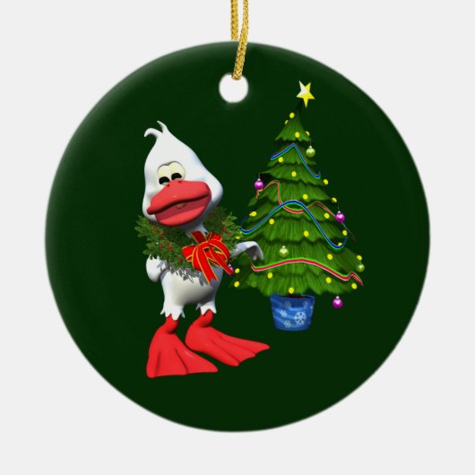 Schattigee witte kerst eend met een krans keramisch ornament (Voorkant)