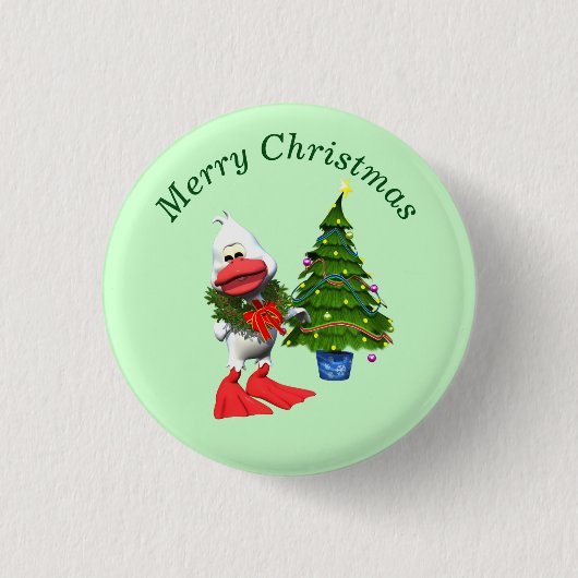 Schattigee witte kerst eend met een krans ronde button 3,2 cm (Voorkant)