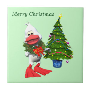 Schattigee witte kerst eend met een krans tegeltje