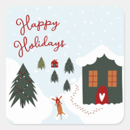 Schattigee witte kersthond die sneeuwengelen maakt vierkante sticker