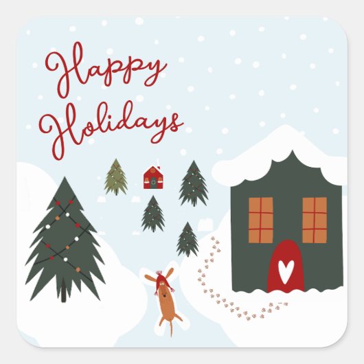 Schattigee witte kersthond die sneeuwengelen maakt vierkante sticker (Voorkant)