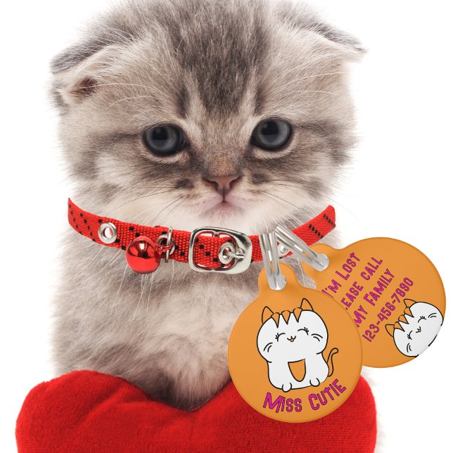 Schattigee Witte Kitten Cartoon Kawaii Sinaasappel Huisdierpenning (Creator heeft geüpload)