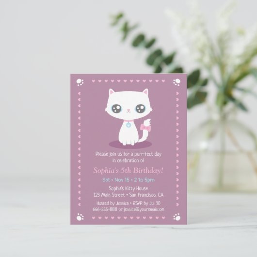 Schattigee witte kitten met roze lint meisjes Verj Kaart (Staand voorkant)