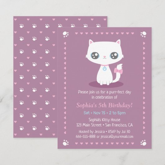 Schattigee witte kitten met roze lint meisjes Verj Kaart (Voorkant / Achterkant)