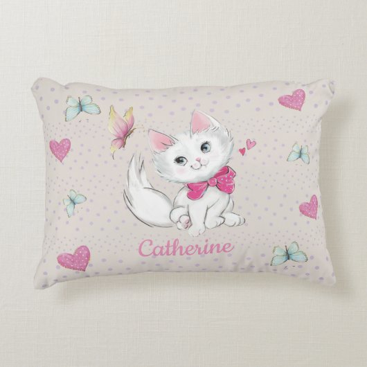 Schattigee Witte Kitten met Vlinder op pastel Accent Kussen (Voorkant)