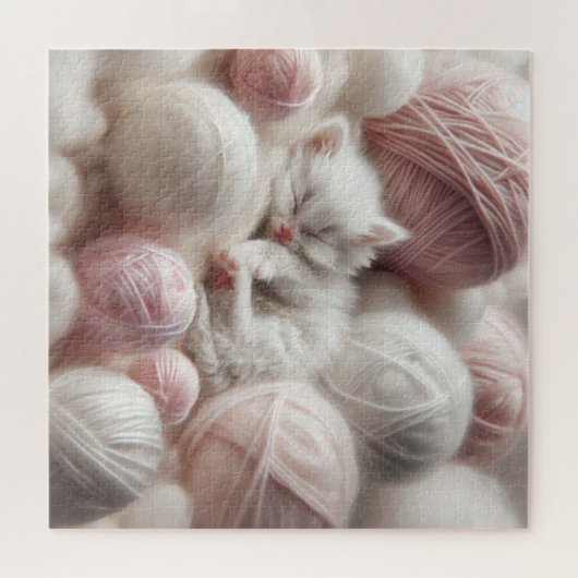 Schattigee witte kitten napping in garen legpuzzel (Horizontaal)