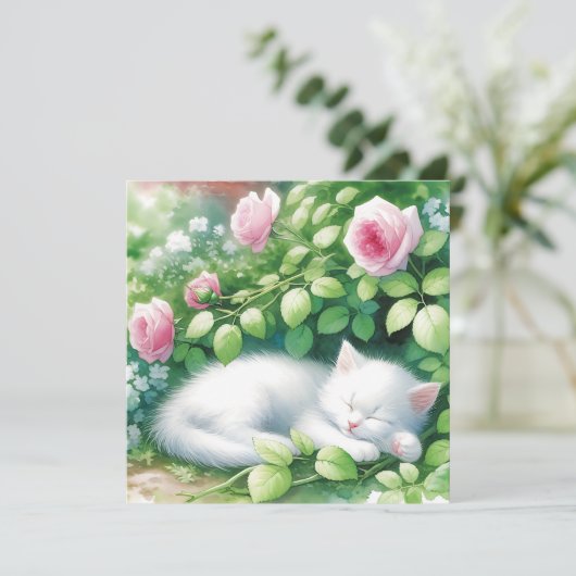 Schattigee witte kitten napping onder rozenstruik (Staand voorkant)