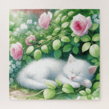 Schattigee witte kitten napping onder rozenstruik