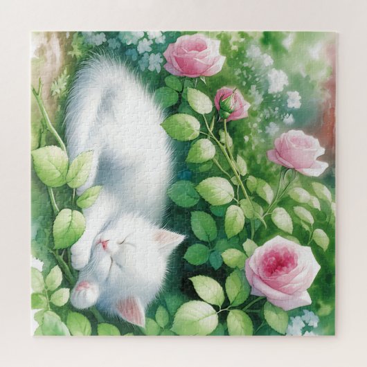 Schattigee witte kitten napping onder rozenstruik legpuzzel (Horizontaal)