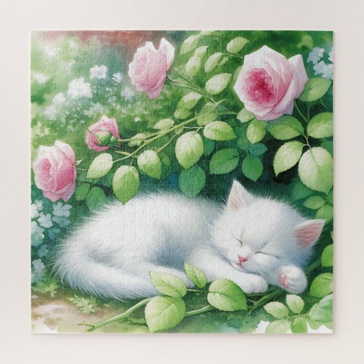 Schattigee witte kitten napping onder rozenstruik legpuzzel (Verticaal)
