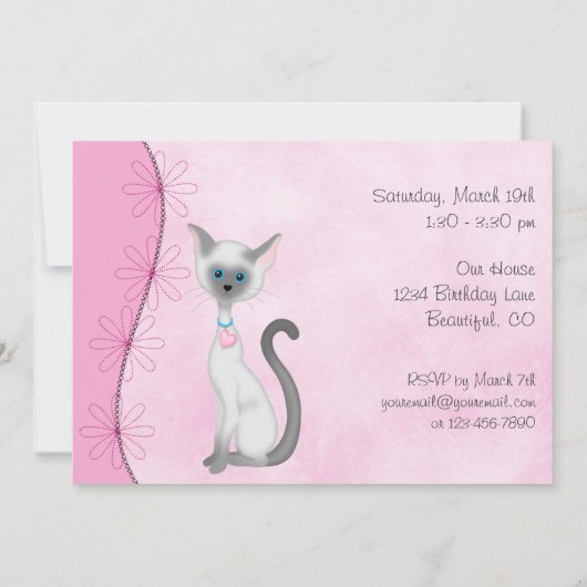 Schattigee Witte Kitty Kat en Bloemen op Roze Verj Kaart (Achterkant)