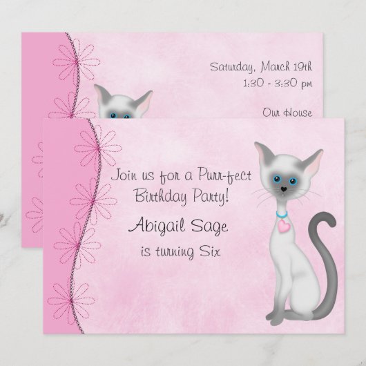 Schattigee Witte Kitty Kat en Bloemen op Roze Verj Kaart (Voorkant / Achterkant)