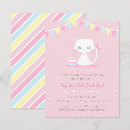 Schattigee Witte Kitty Kat Verjaardagsfeestuitnodi Kaart (Voorkant / Achterkant)