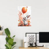 Schattigee witte konijn met Oranje ballon digitale Poster (Thuiskantoor)