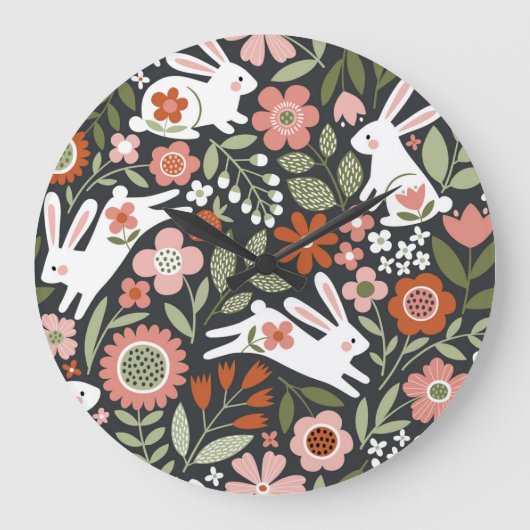 Schattigee witte konijnen, bloemenmotief in vintag grote klok (Voorkant)