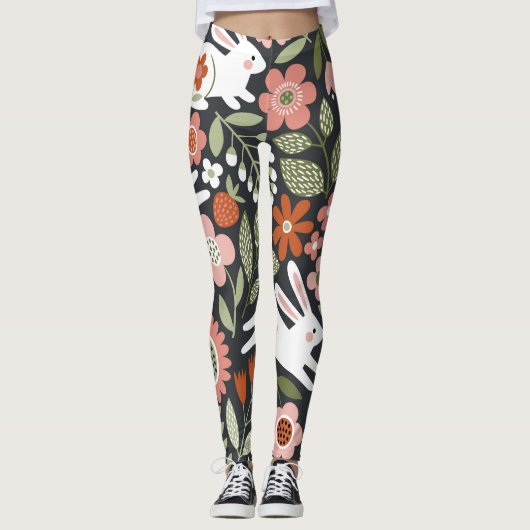 Schattigee witte konijnen, bloemenmotief in vintag leggings (Voorkant)