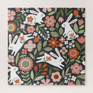 Schattigee witte konijnen, bloemenmotief in vintag legpuzzel