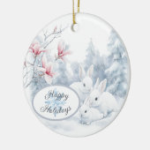 Schattigee witte konijnen in de wintervakantie keramisch ornament (Links)