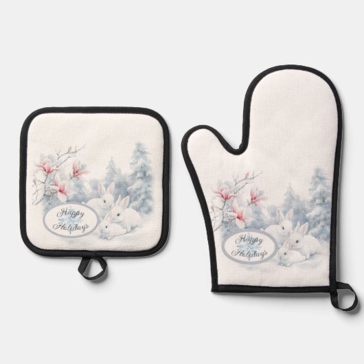 Schattigee witte konijnen in de wintervakantie ovenwant & pannenlap set (Voorkant)