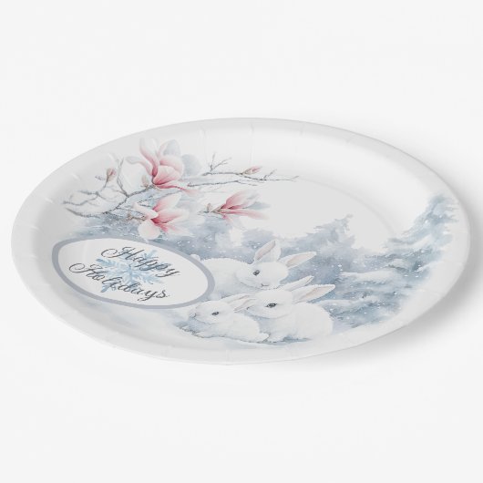 Schattigee witte konijnen in de wintervakantie papieren bordje (Gekanteld)