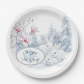 Schattigee witte konijnen in de wintervakantie papieren bordje (Voorkant)
