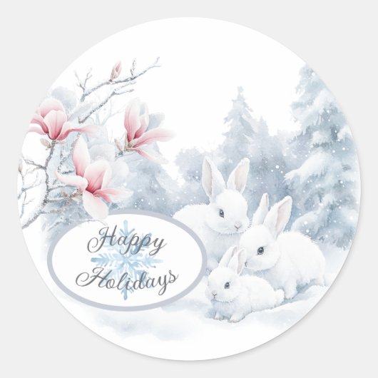 Schattigee witte konijnen in de wintervakantie ronde sticker (Voorkant)