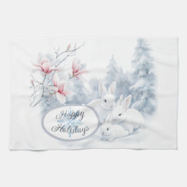 Schattigee witte konijnen in de wintervakantie theedoek