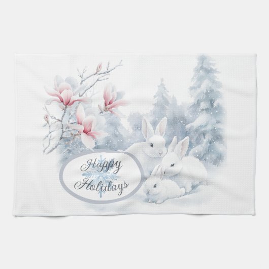 Schattigee witte konijnen in de wintervakantie theedoek (Horizontaal)
