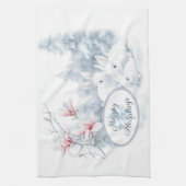 Schattigee witte konijnen in de wintervakantie theedoek (Verticaal)