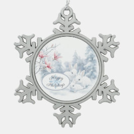 Schattigee witte konijnen in de wintervakantie tin sneeuwvlok ornament