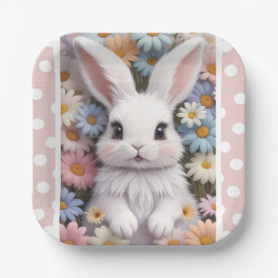Schattigee witte konijnenpastel Daisy Flowers Papieren Bordje